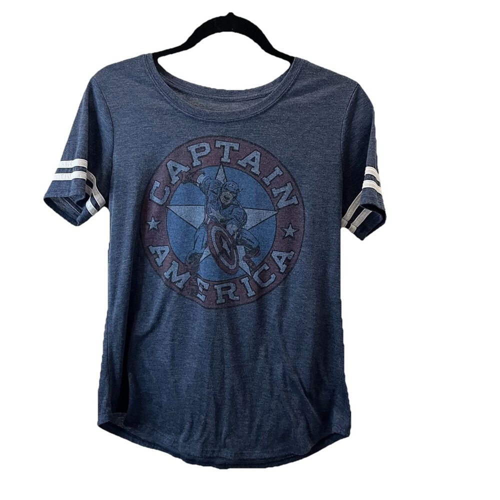 Captain America Superhero Graphic Tee Shirt Blue Short Sleeve Womens Size S